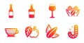 Sunflower seed, Bordeaux glass and Cappuccino icons set. Beer, Apple and Coffee signs. Vector