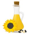 Sunflower seed oil in glass bottle, isolated on white. Vector illustration. Yellow flower in cartoon flat style Royalty Free Stock Photo