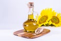 Sunflower seed oil in glass bottle Royalty Free Stock Photo