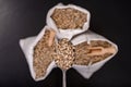 Sunflower seeds on a metal spoon. Tasty beans from which oil is made