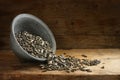 Sunflower seeds, popular bird food for the winter feeding, spilling out from a bowl on a rustic wooden board, copy space