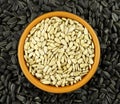 Sunflower seeds in the small bowl on the wooden background Royalty Free Stock Photo