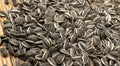 Sunflower Seeds, Striped Raw Seeds on Wood Background Texture Closeup Royalty Free Stock Photo