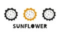 Sunflower, silhouette icons set with lettering. Imitation of stamp, print with scuffs. Simple black shape and color vector Royalty Free Stock Photo