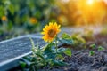 Sunflower and Solar Panel at Sunrise Royalty Free Stock Photo