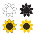 Sunflower symbol set in different styles outline, filled, colored