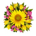 Sunflower, tulips and hawtorn flowers bouquet