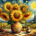 Sunflower in a vase, on a table, with Van Gogh style painting Royalty Free Stock Photo