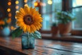 Sunflower in a vase on a wooden table. Generative AI Royalty Free Stock Photo