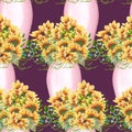 Sunflower in vases in a seamless pattern design Royalty Free Stock Photo