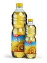 Sunflower or vegetable oil in plastic bottles on white.