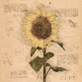 Sunflower in Vintage Steampunk Da Vinci Drawing Style