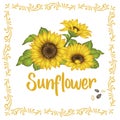 Sunflower vintage wedding invitation. Yellow flowers card design. Vector illustration