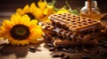 Sunflower Waffle: A Delicious Still Life On A Wooden Table Royalty Free Stock Photo