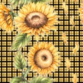 Sunflower watercolor pattern on checkered background