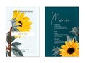 Sunflower watercolor vector wedding card. Summer nature yelow flower macro bloom. Helianthus greeting card, menu card, rsvp