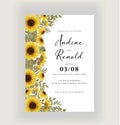Sunflower watercolor wedding invitation design template with yellow color and green leaf Royalty Free Stock Photo