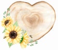 Sunflower and wood slice Wreath Clipart, Watercolor Meadow flowers and wooden banner Frame, Rustic illustration, Wedding Invites, Royalty Free Stock Photo