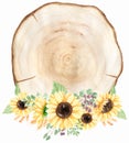 Sunflower and wood slice Wreath Clipart, Watercolor Meadow flowers and wooden banner Frame, Rustic illustration, Wedding Invites, Royalty Free Stock Photo