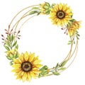 Sunflower Wreath, Golden Round Frame Of Yellow Flowers, Hand Painted Watercolor Illustration On The White Background