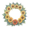Sunflower wreath and leaves painted in watercolor style Royalty Free Stock Photo