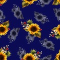 sunflower yellow and grey floral pattern blue background Royalty Free Stock Photo