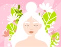 Young beautiful girl on a floral background. Cartoon flat vector illustration. Self-acceptance and mental health concept Royalty Free Stock Photo