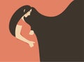 Young beautiful pregnant woman with long hair hugs her belly. Flat cartoon vector character. Concept of pregnancy and motherhood Royalty Free Stock Photo