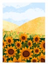 Sunflowers, agriculture field card. Summer nature background. Vertical rural countryside landscape poster with sun Royalty Free Stock Photo