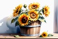 Sunflowers in an antique wooden bucket Royalty Free Stock Photo