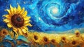 Sunflowers background, many sunflowers in oil painting style illustration