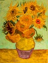Sunflowers. Beautiful oil painting on canvas. Sunflowers in vase . Based on the painting Gogh Royalty Free Stock Photo