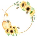 Sunflowers, bee and Honey Wreath Clipart, Watercolor Sunny Flower Frame illustration, Rustic Meadow Floral Bouquet with insects,