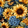 Sunflowers and Bees background, design seamless pattern Royalty Free Stock Photo