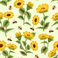Sunflowers and bees in a pattern. Royalty Free Stock Photo