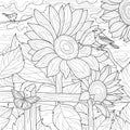 Sunflowers and birds.Coloring page antistress and adults.