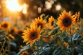 Sunflowers bloom brightly against a sunset backdrop Royalty Free Stock Photo