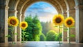 Sunflowers blooming underneath archway of ancient stone structure at sunset. Generative AI Royalty Free Stock Photo