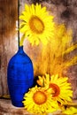 Sunflowers on a blue vase with an old wood planks background