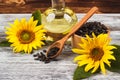 Sunflowers, bottle with oil and sunflower seeds