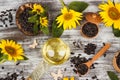 Sunflowers, bottle with oil and sunflowers seed