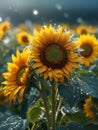 Sunflowers in a bright morning, covered with cool morning dew, blurred background