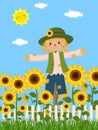 Sunflowers and a cute scarecrow, fence, grass, sky, sun, clouds. Vector illustration Royalty Free Stock Photo