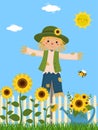Sunflowers and a cute scarecrow, fence, grass, sky, sun, clouds, watering can, bee. Vector illustration Royalty Free Stock Photo