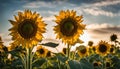Sunflowers in a field, backlit by the sun Royalty Free Stock Photo