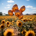 Sunflowers in a field with balloons, yellow color for a greeting card. Festive postcard image.