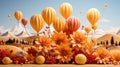 Sunflowers in a field with balloons, yellow color for a greeting card. Festive postcard image.