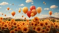 Sunflowers in a field with balloons, yellow color for a greeting card. Festive postcard image.