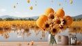 Sunflowers in a field with balloons, yellow color for a greeting card. Festive postcard image.