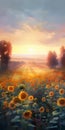 Sunflowers field at sunset. Nature background. Digital painting.